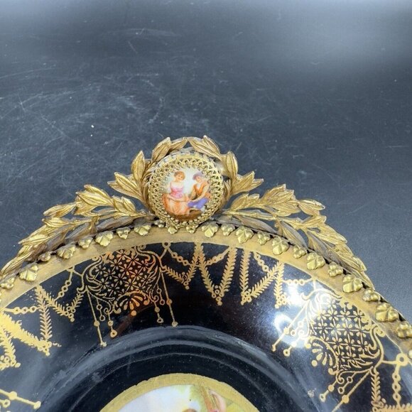 Antique La Chateau Porcelain Trinket Dish Metal Bronze Mount Victorian Scene VTG - Picture 11 of 16